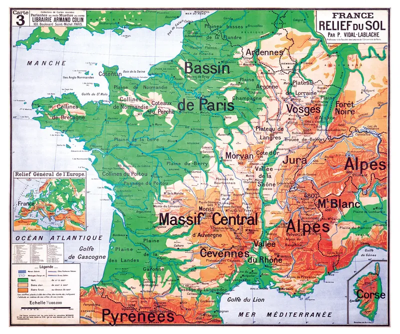 Carte Vidal-Lablache n° 3, France, relief du sol : reproduction de l’ancienne carte murale d’école