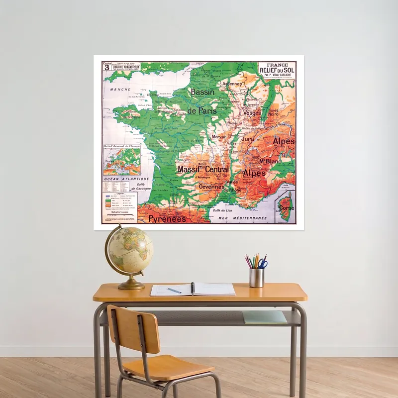 Carte Vidal-Lablache n° 3, France, relief du sol sur bâche souple à œillets