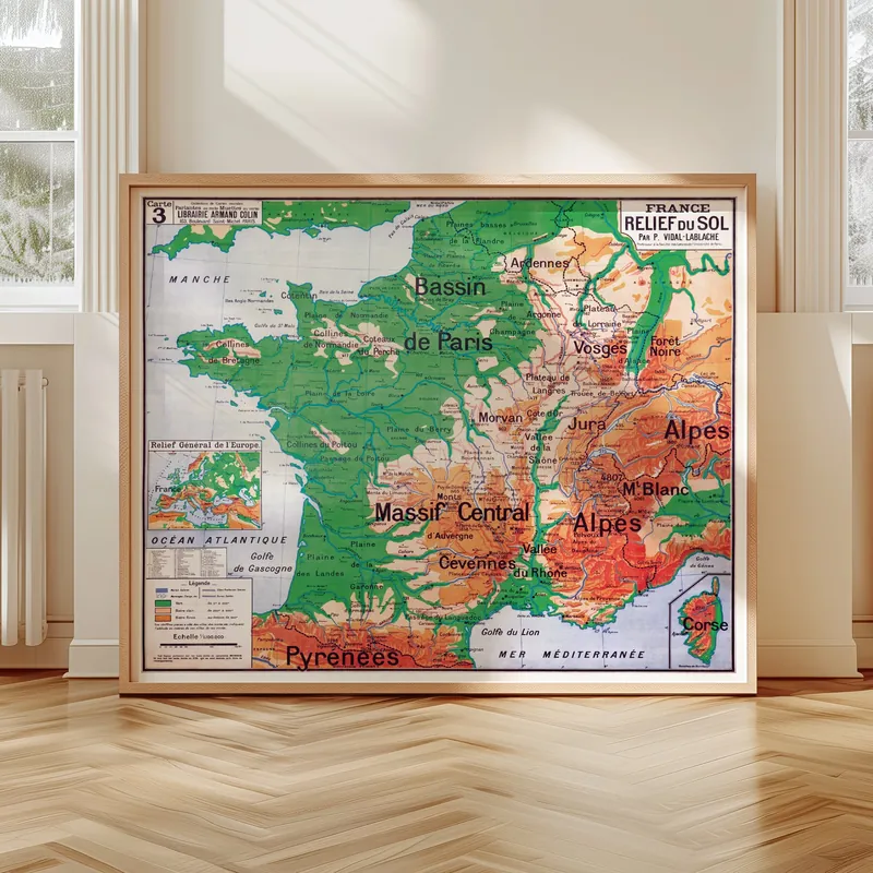 Carte Vidal-Lablache n° 3, France, relief du sol accrochée dans un intérieur, en situation