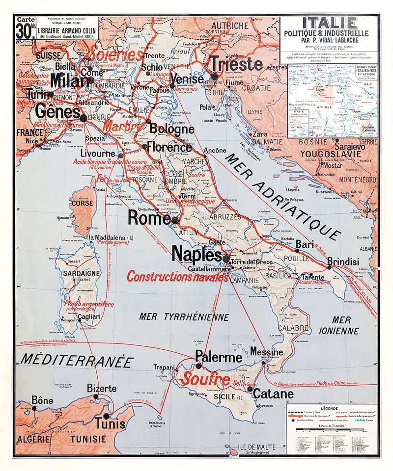 Carte Vidal-Lablache n° 30 bis, Italie, politique et industrielle : reproduction de l’ancienne carte murale d’école