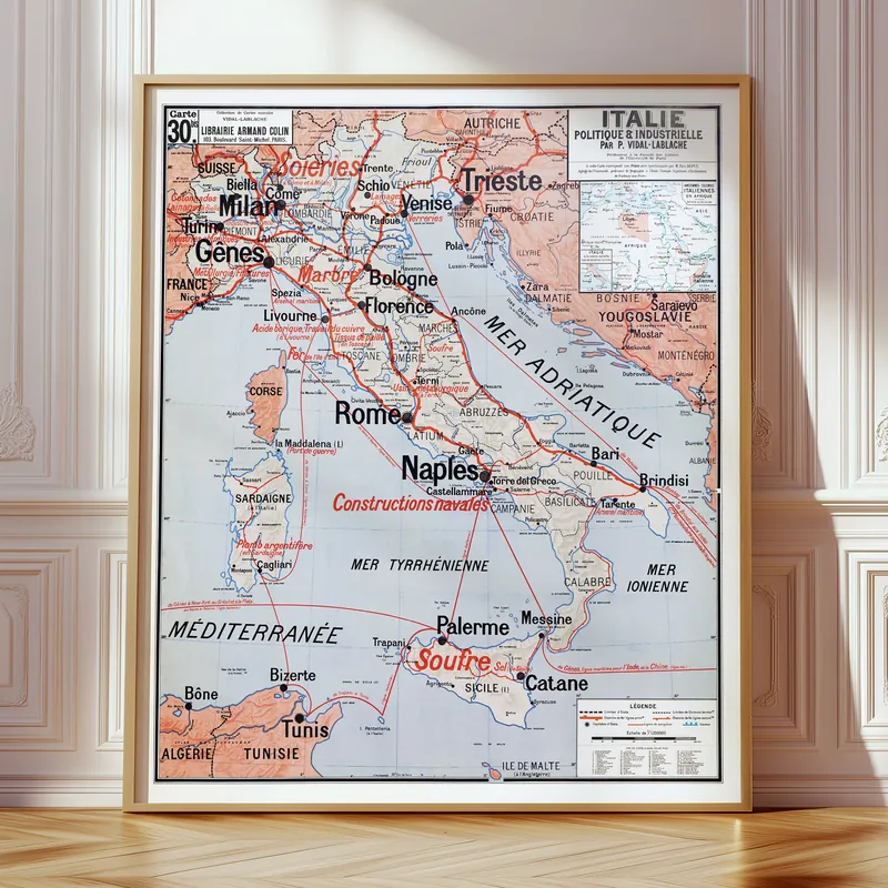 Carte Vidal-Lablache n° 30 bis, Italie, politique et industrielle accrochée dans un intérieur, en situation