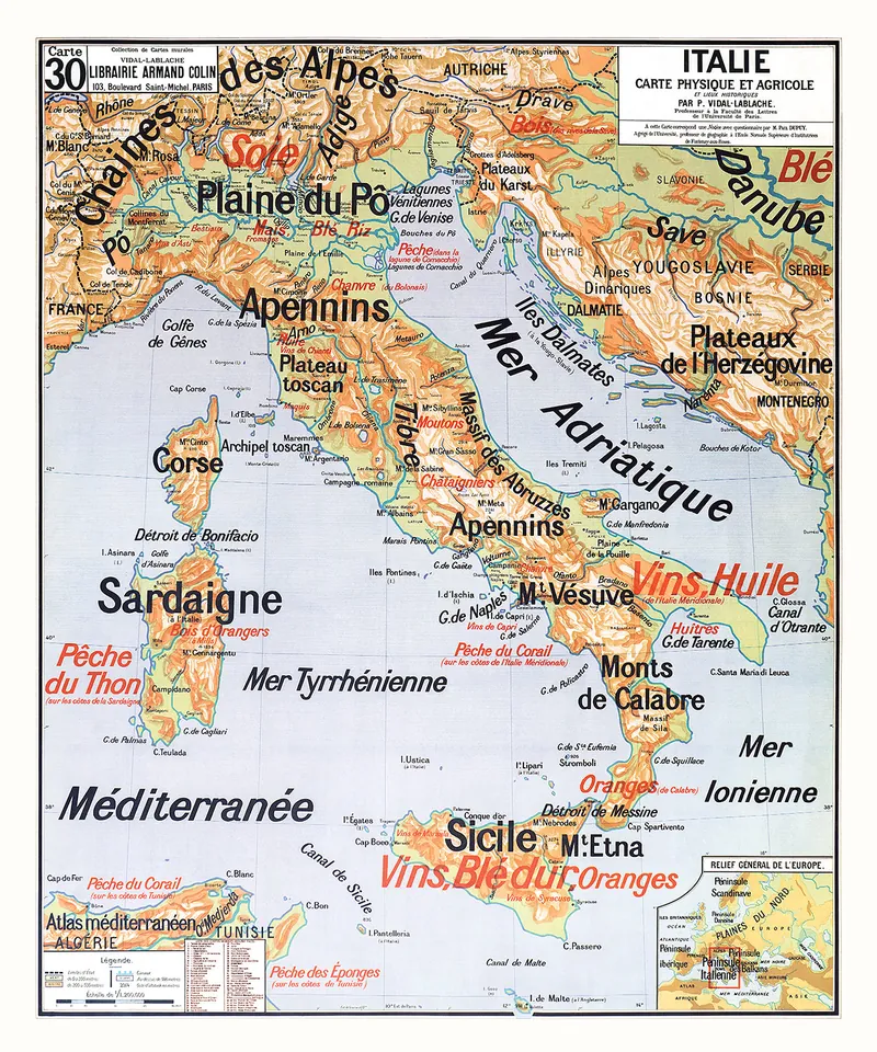Carte Vidal-Lablache n° 30, Italie, physique et agricole : reproduction de l’ancienne carte murale d’école