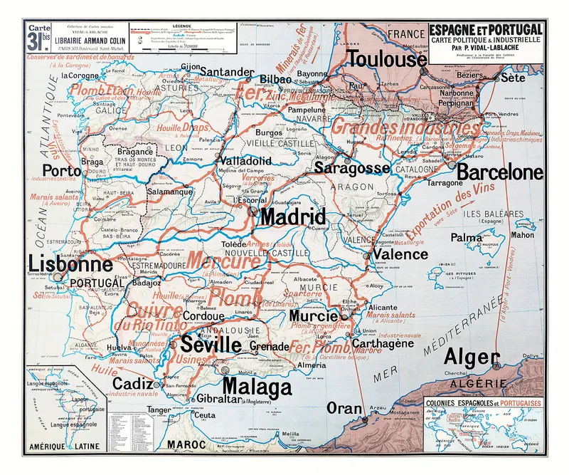 Carte Vidal-Lablache n° 31 bis, Espagne et Portugal, politique et industrielle : reproduction de l’ancienne carte murale d’école