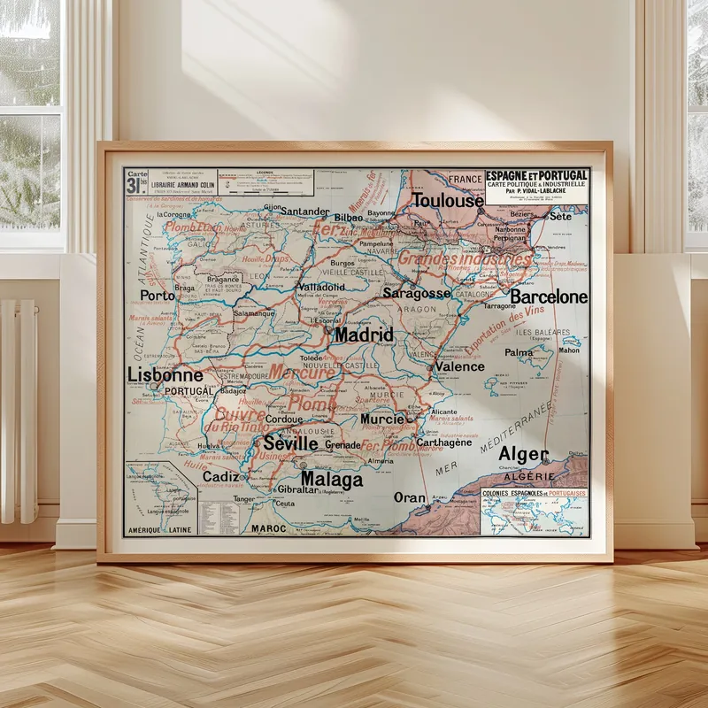 Carte Vidal-Lablache n° 31 bis, Espagne et Portugal, politique et industrielle accrochée dans un intérieur, en situation