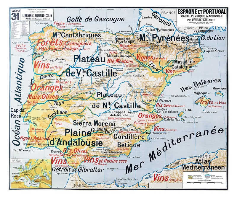 Carte Vidal-Lablache n° 31, Espagne et Portugal, physique et agricole : reproduction de l’ancienne carte murale d’école