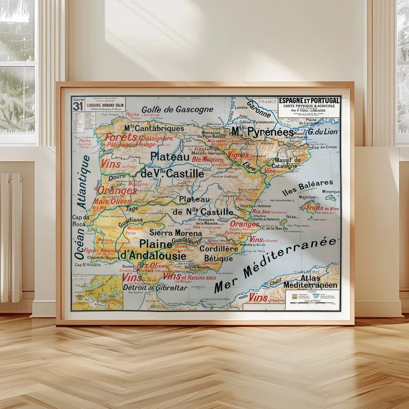 Carte Vidal-Lablache n° 31, Espagne et Portugal, physique et agricole accrochée dans un intérieur, en situation