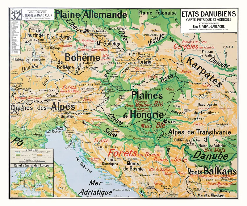 Carte Vidal-Lablache n° 32, États danubiens, physique et agricole : reproduction de l’ancienne carte murale d’école