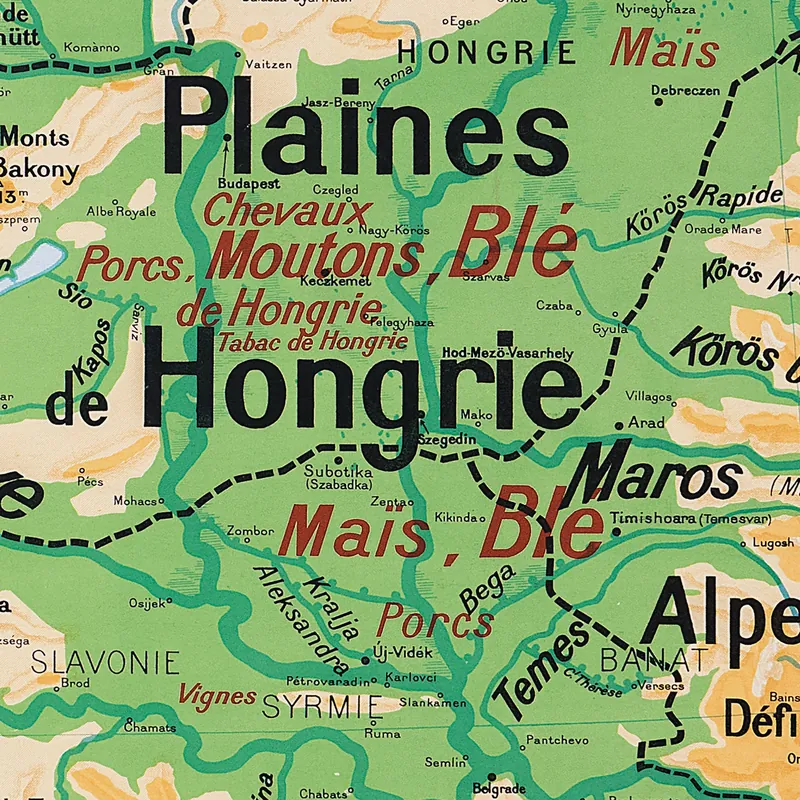 Détail de la carte Vidal-Lablache n° 32, États danubiens, physique et agricole