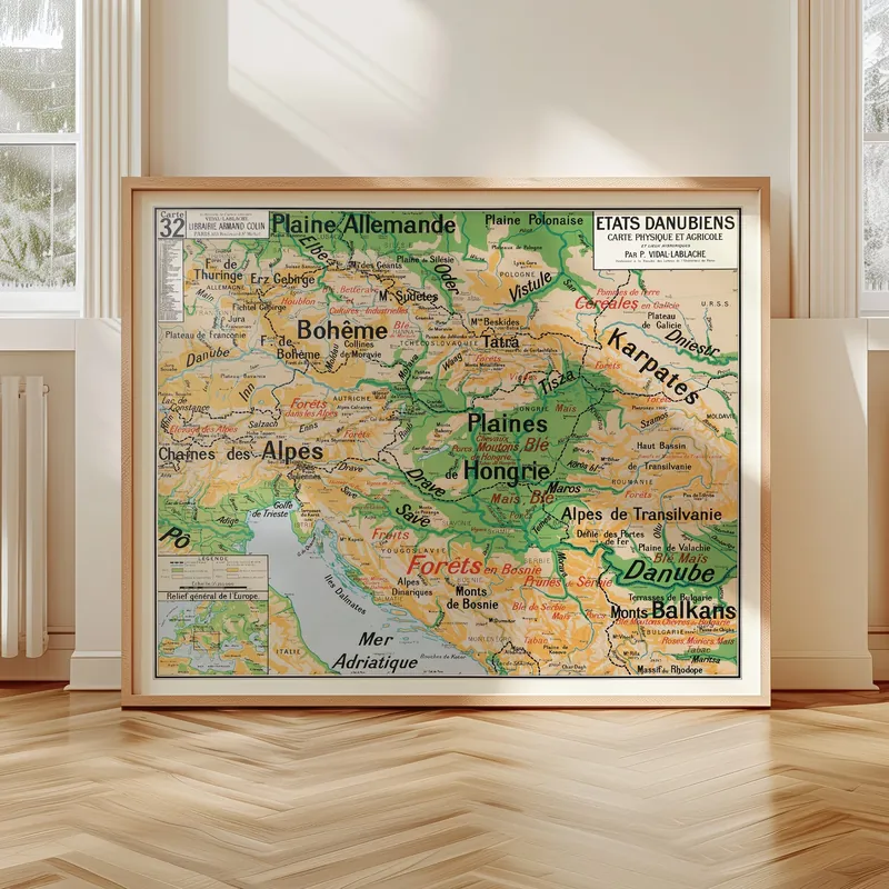 Carte Vidal-Lablache n° 32, États danubiens, physique et agricole accrochée dans un intérieur, en situation