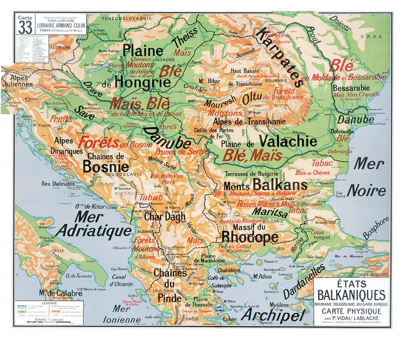 Carte Vidal-Lablache n° 33, États balkaniques, physique : reproduction de l’ancienne carte murale d’école