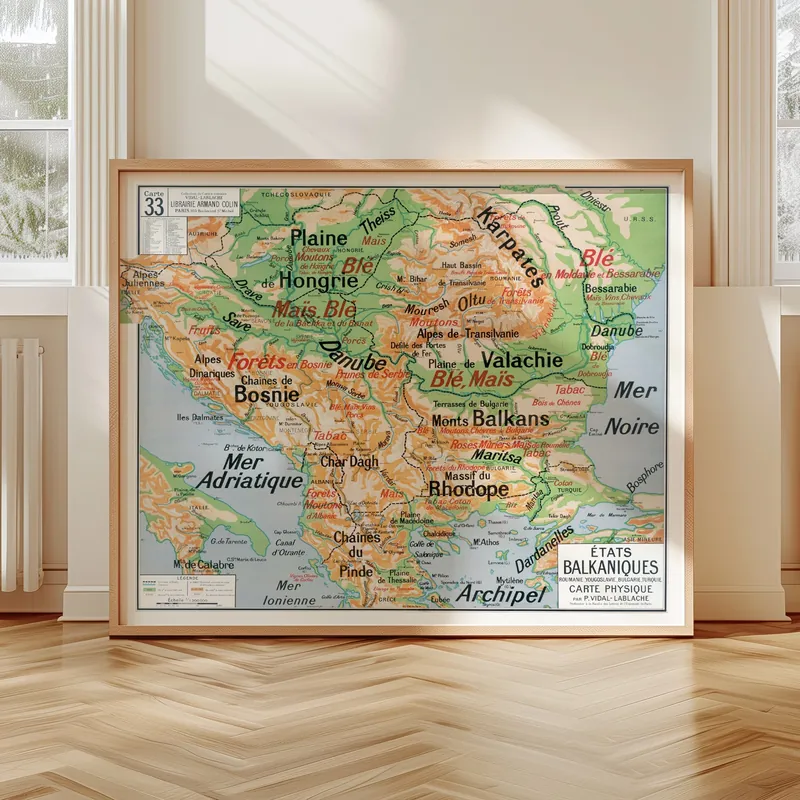 Carte Vidal-Lablache n° 33, États balkaniques, physique accrochée dans un intérieur, en situation