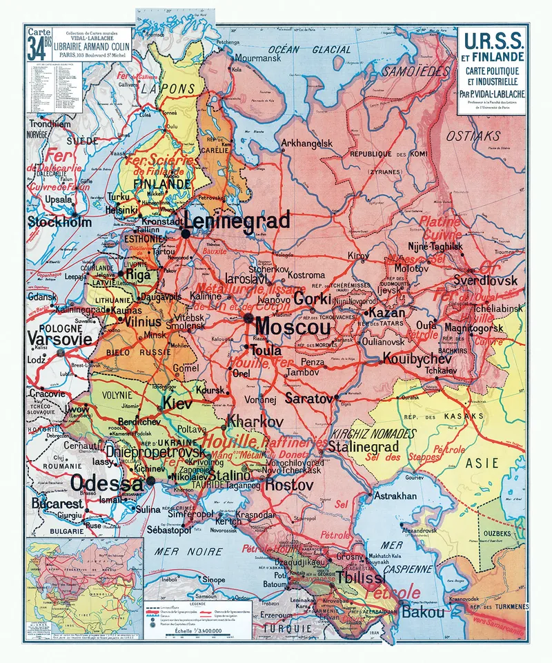 Carte Vidal-Lablache n° 34 bis, URSS et Finlande, politique et industrielle : reproduction de l’ancienne carte murale d’école