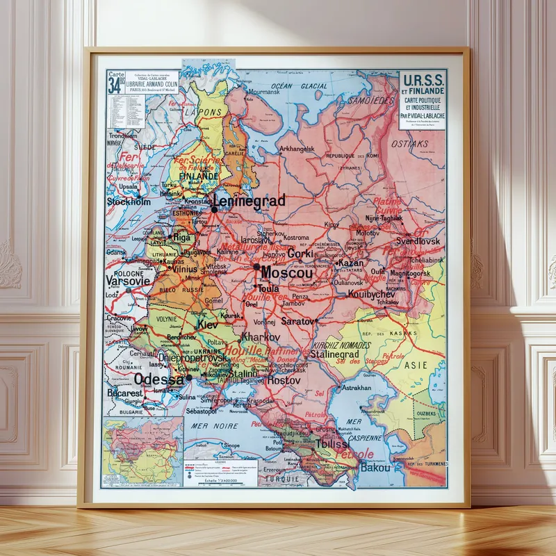Carte Vidal-Lablache n° 34 bis, URSS et Finlande, politique et industrielle accrochée dans un intérieur, en situation