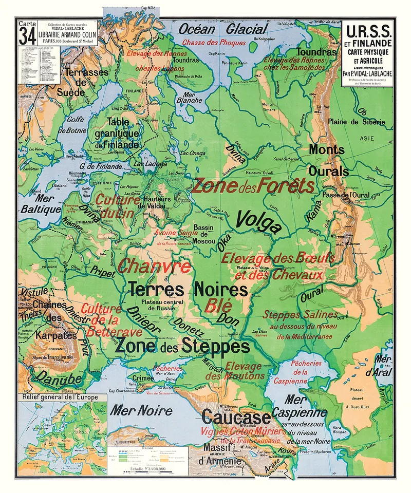 Carte Vidal-Lablache n° 34, URSS et Finlande, physique et agricole : reproduction de l’ancienne carte murale d’école
