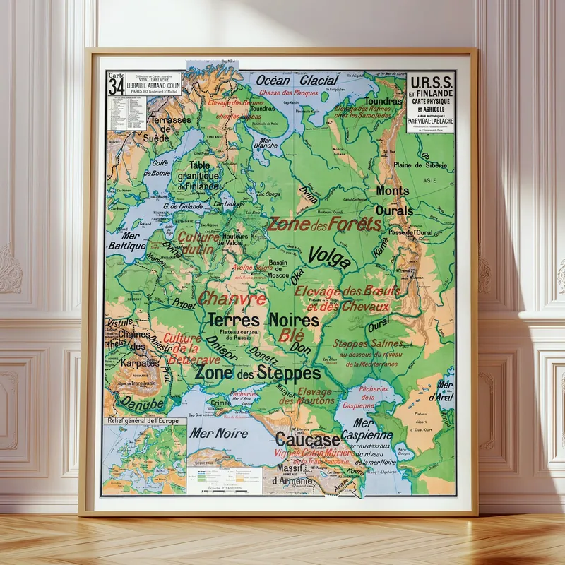 Carte Vidal-Lablache n° 34, URSS et Finlande, physique et agricole accrochée dans un intérieur, en situation