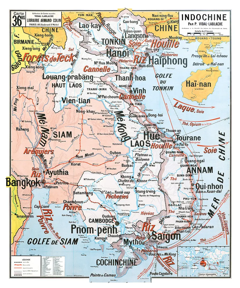 Carte Vidal-Lablache n° 36 bis, Indochine : reproduction de l’ancienne carte murale d’école