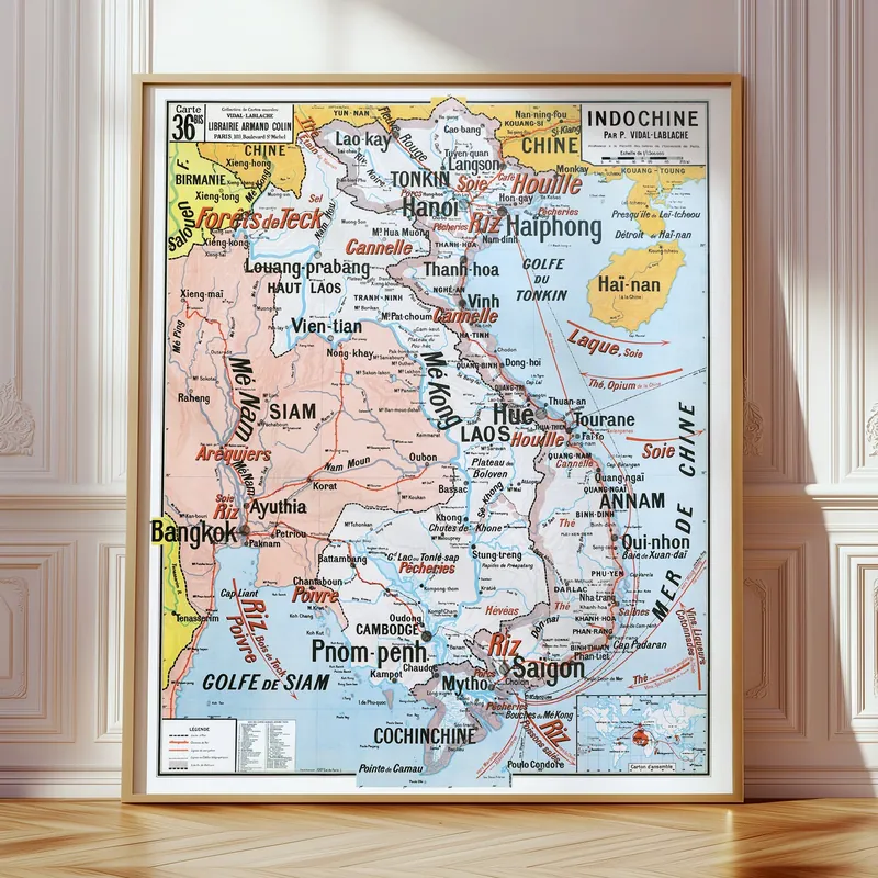 Carte Vidal-Lablache n° 36 bis, Indochine accrochée dans un intérieur, en situation