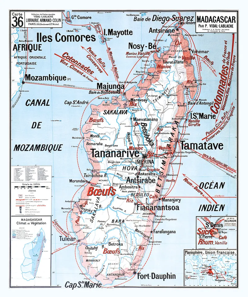 Carte Vidal-Lablache n° 36, Madagascar : reproduction de l’ancienne carte murale d’école