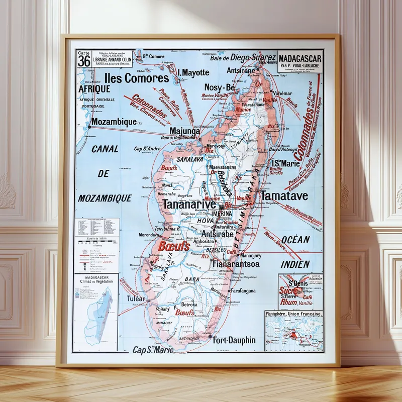 Carte Vidal-Lablache n° 36, Madagascar accrochée dans un intérieur, en situation