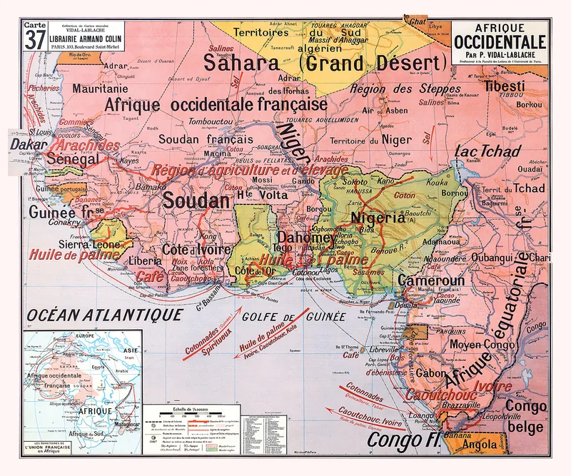 Carte Vidal-Lablache n° 37, Afrique occidentale : reproduction de l’ancienne carte murale d’école