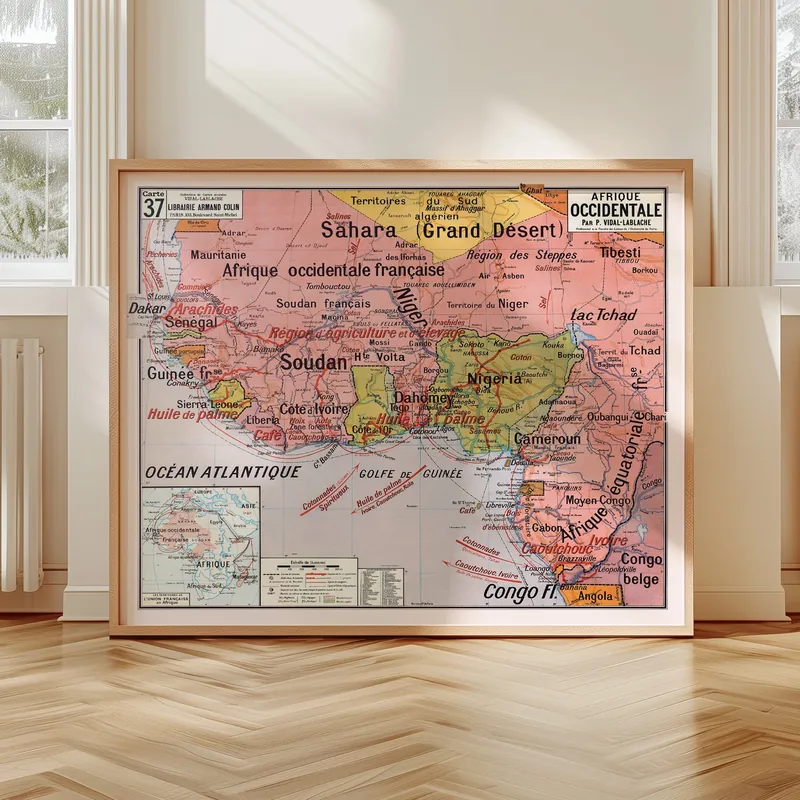 Carte Vidal-Lablache n° 37, Afrique occidentale accrochée dans un intérieur, en situation