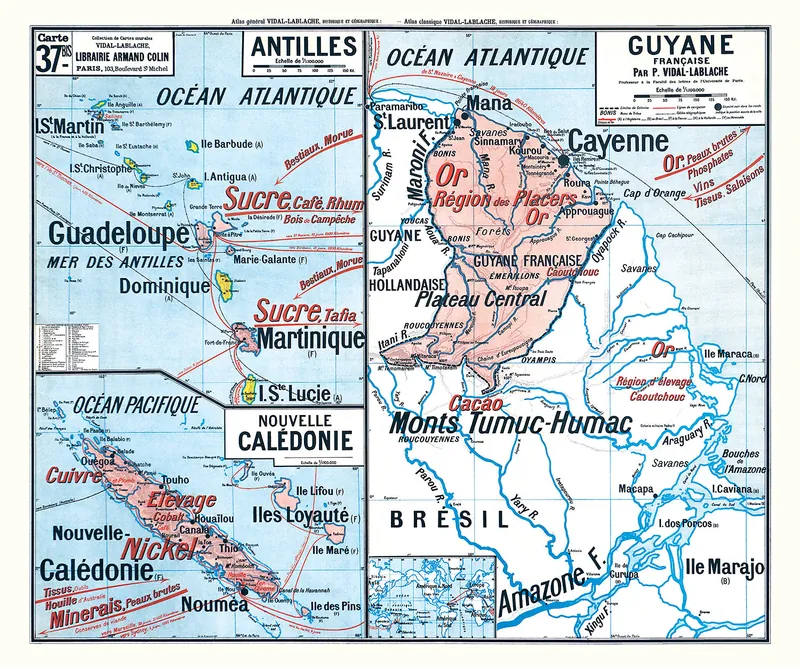 Carte Vidal-Lablache n° 37 bis, Antilles, Guyane, Nouvelle-Calédonie : reproduction de l’ancienne carte murale d’école