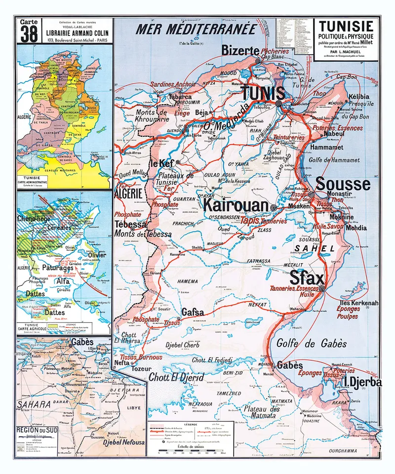 Carte Vidal-Lablache n° 38, Tunisie, politique et physique : reproduction de l’ancienne carte murale d’école