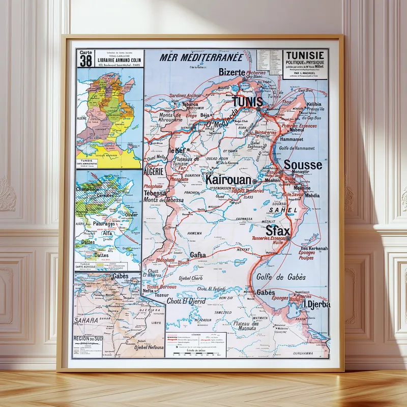 Carte Vidal-Lablache n° 38, Tunisie, politique et physique accrochée dans un intérieur, en situation