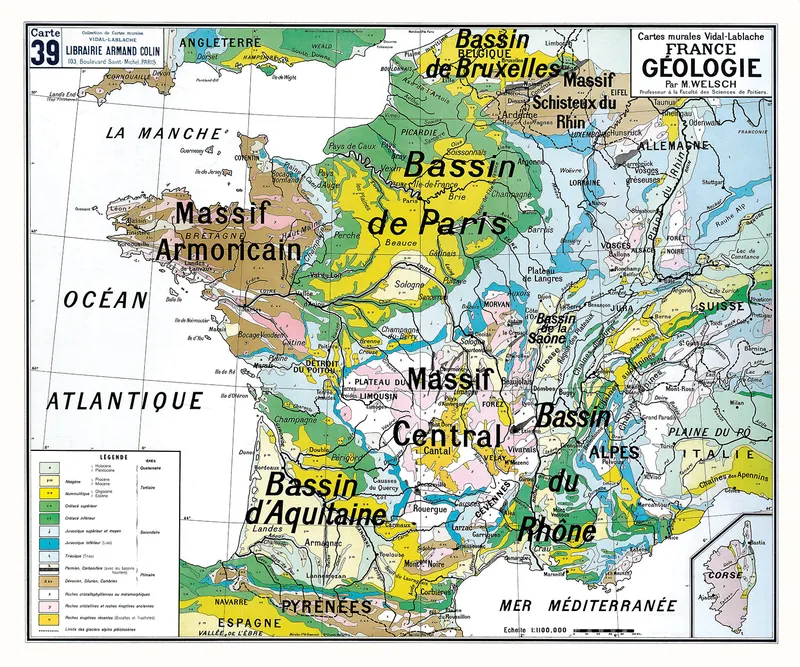 Carte Vidal-Lablache n° 39, France, géologie : reproduction de l’ancienne carte murale d’école