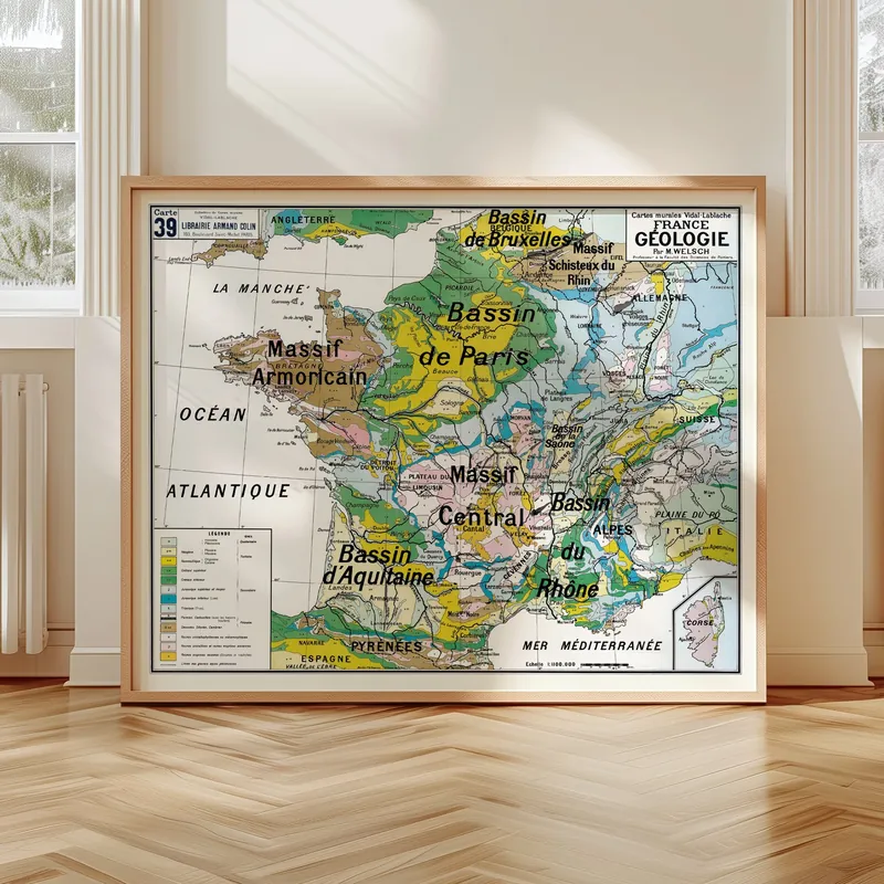 Carte Vidal-Lablache n° 39, France, géologie accrochée dans un intérieur, en situation