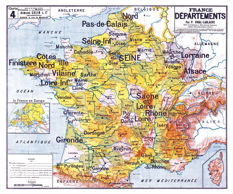 Carte Vidal-Lablache n° 4, France, départements : reproduction de l’ancienne carte murale d’école