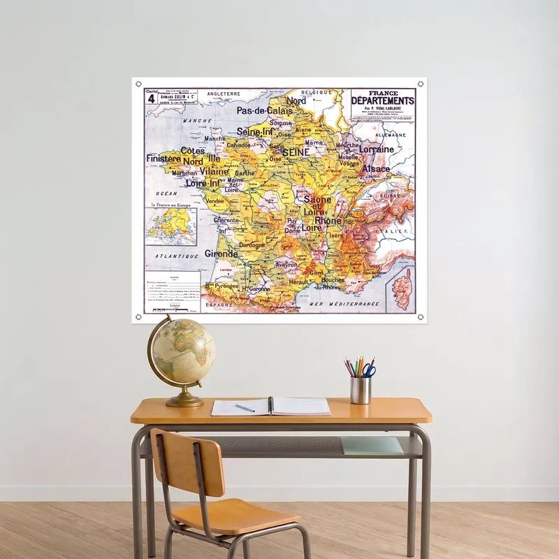 Carte Vidal-Lablache n° 4, France, départements sur bâche souple à œillets