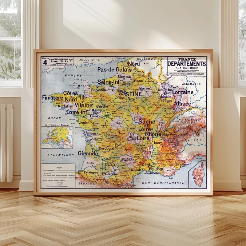 Carte Vidal-Lablache n° 4, France, départements accrochée dans un intérieur, en situation