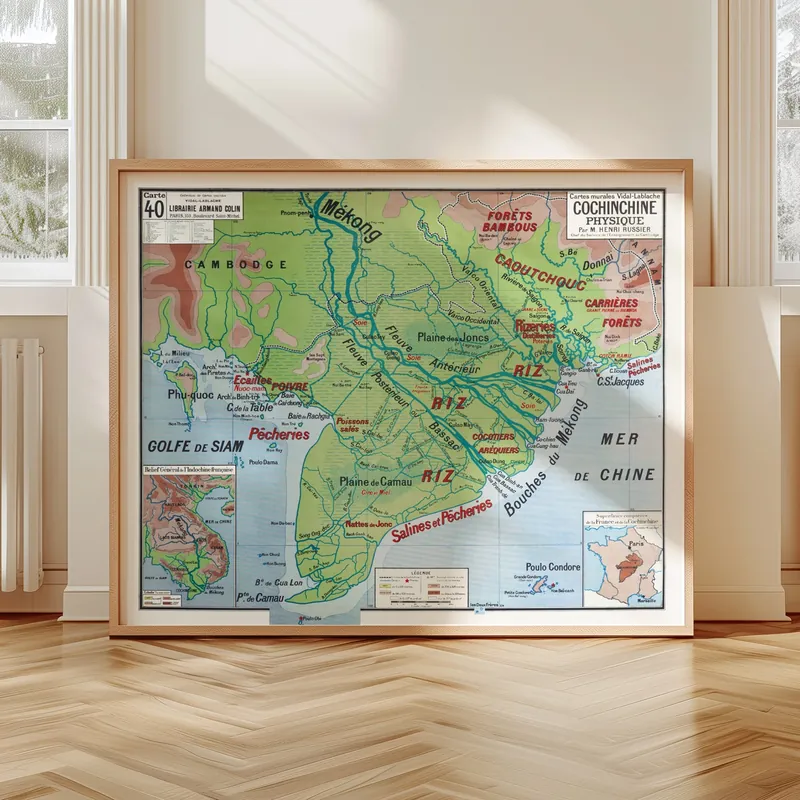 Carte Vidal-Lablache n° 40, Cochinchine, physique accrochée dans un intérieur, en situation