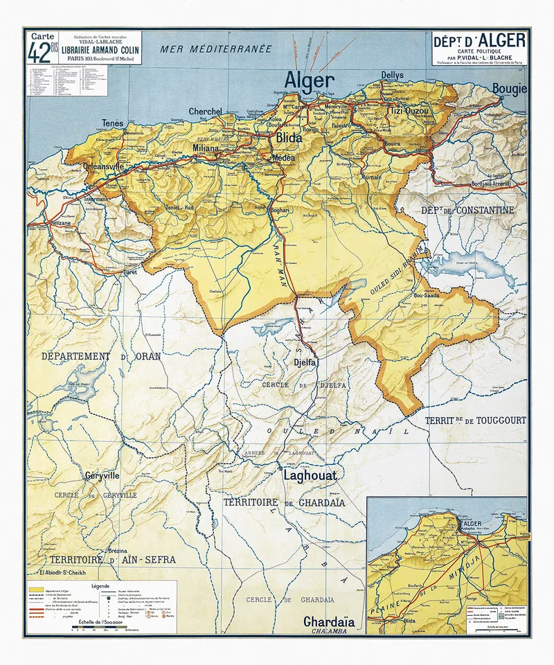 Carte Vidal-Lablache n° 42 bis, Département d’Alger : reproduction de l’ancienne carte murale d’école