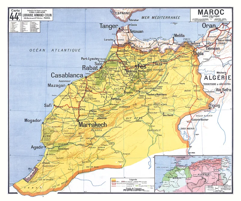 Carte Vidal-Lablache n° 44 bis, Maroc, politique : reproduction de l’ancienne carte murale d’école