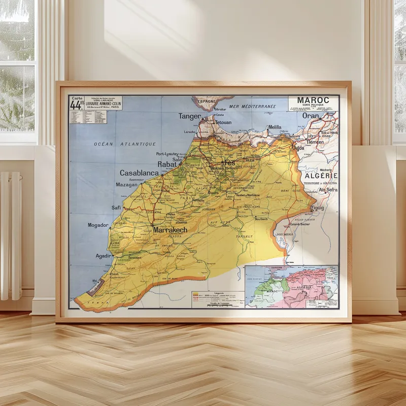 Carte Vidal-Lablache n° 44 bis, Maroc, politique accrochée dans un intérieur, en situation