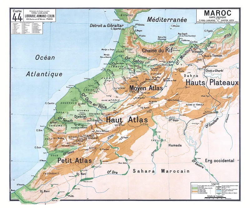 Carte Vidal-Lablache n° 44, Maroc, physique : reproduction de l’ancienne carte murale d’école