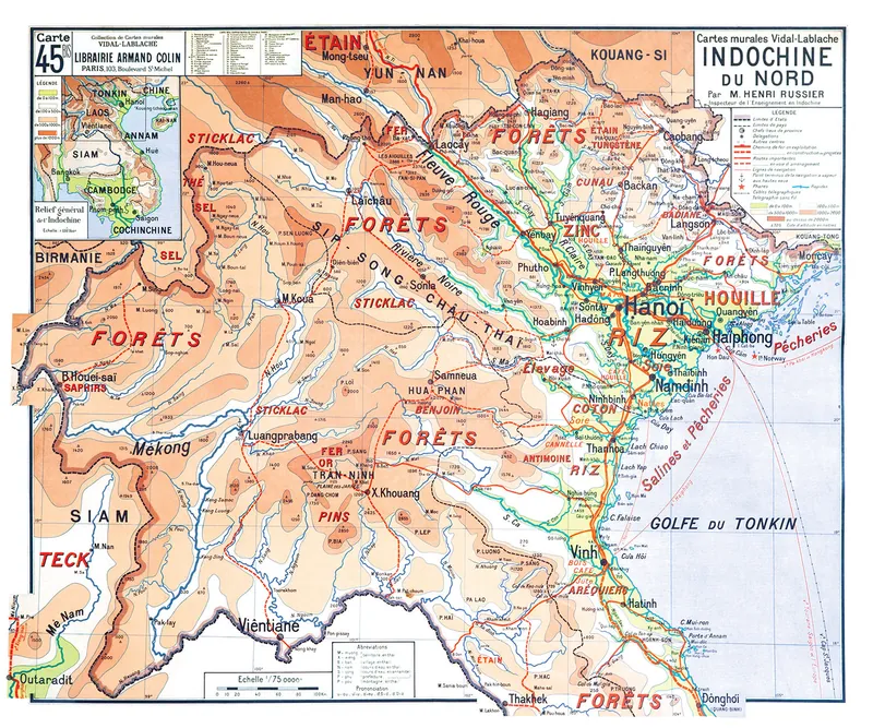 Carte Vidal-Lablache n° 45 bis, Indochine du Nord : reproduction de l’ancienne carte murale d’école