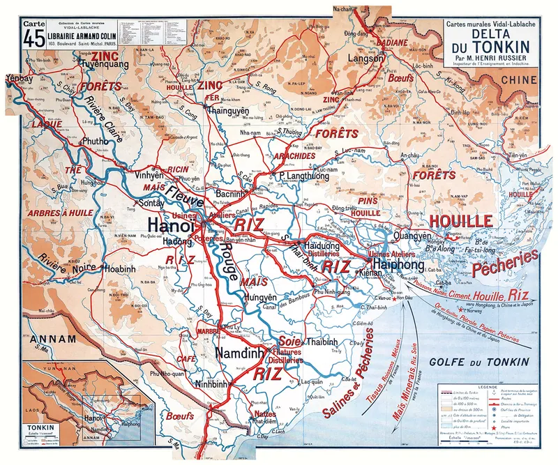 Carte Vidal-Lablache n° 45, Delta du Tonkin : reproduction de l’ancienne carte murale d’école