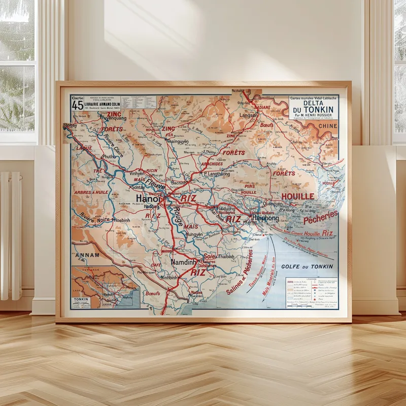 Carte Vidal-Lablache n° 45, Delta du Tonkin accrochée dans un intérieur, en situation