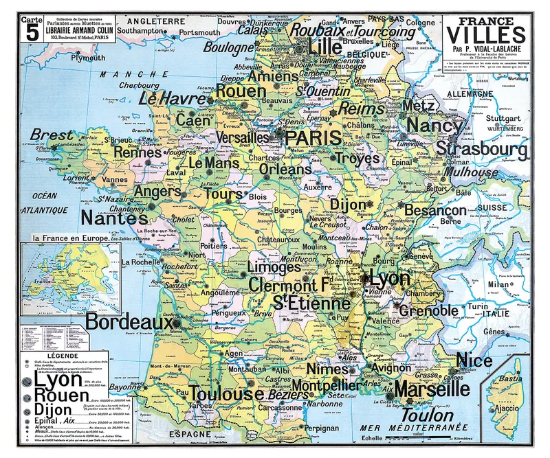 Carte Vidal-Lablache n° 5, France, villes : reproduction de l’ancienne carte murale d’école