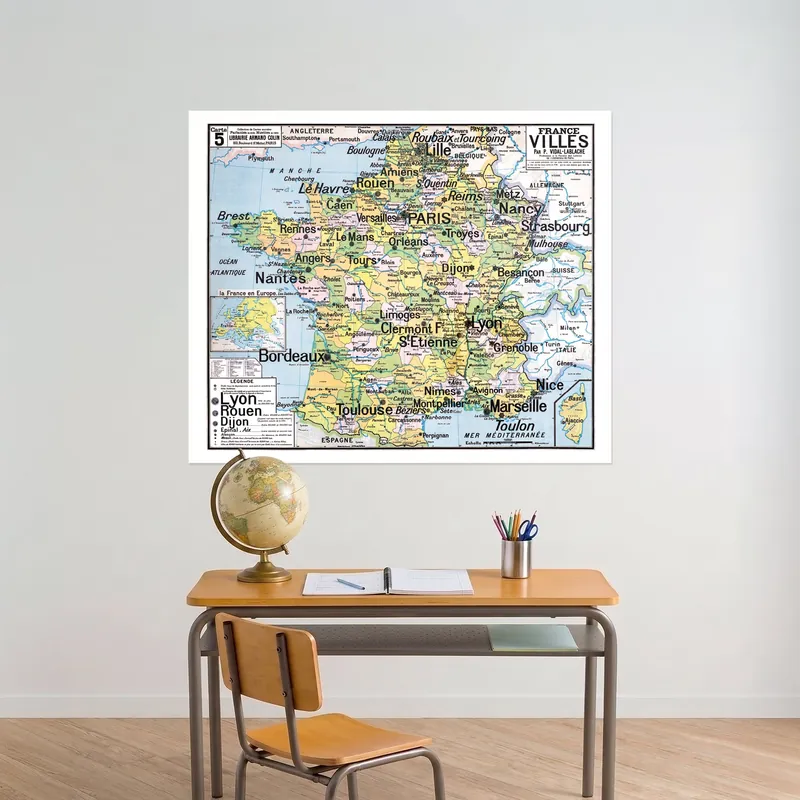 Carte Vidal-Lablache n° 5, France, villes sur panneau rigide PVC ou alu dibond