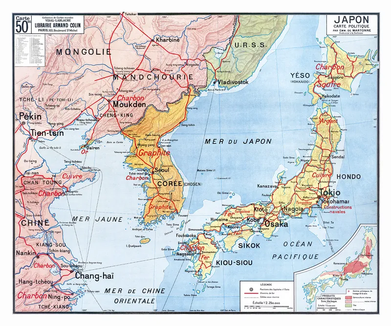 Carte Vidal-Lablache n° 50 bis, Japon, politique : reproduction de l’ancienne carte murale d’école
