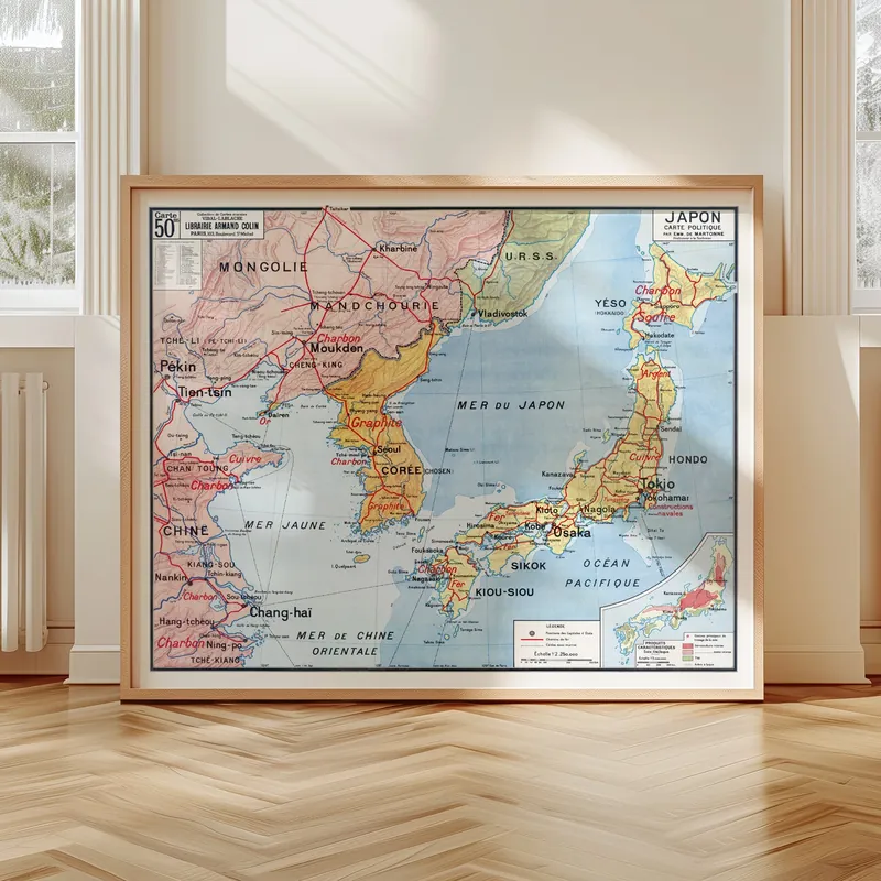 Carte Vidal-Lablache n° 50 bis, Japon, politique accrochée dans un intérieur, en situation