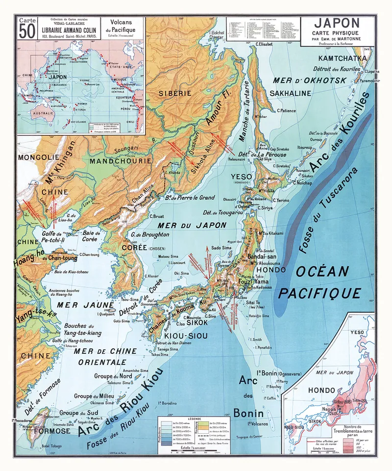 Carte Vidal-Lablache n° 50, Japon, physique : reproduction de l’ancienne carte murale d’école