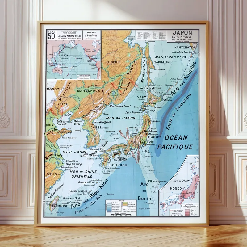 Carte Vidal-Lablache n° 50, Japon, physique accrochée dans un intérieur, en situation