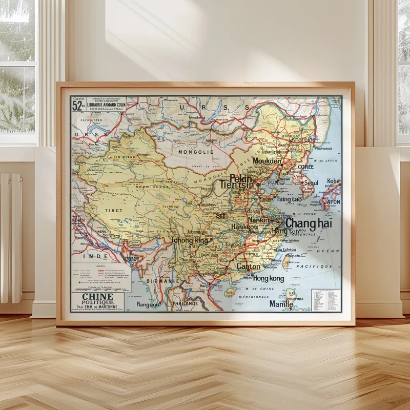 Carte Vidal-Lablache n° 52 bis, Chine, politique accrochée dans un intérieur, en situation