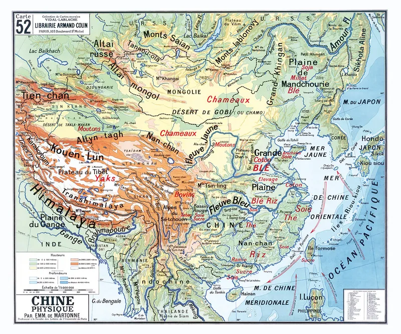 Carte Vidal-Lablache n° 52, Chine, physique : reproduction de l’ancienne carte murale d’école