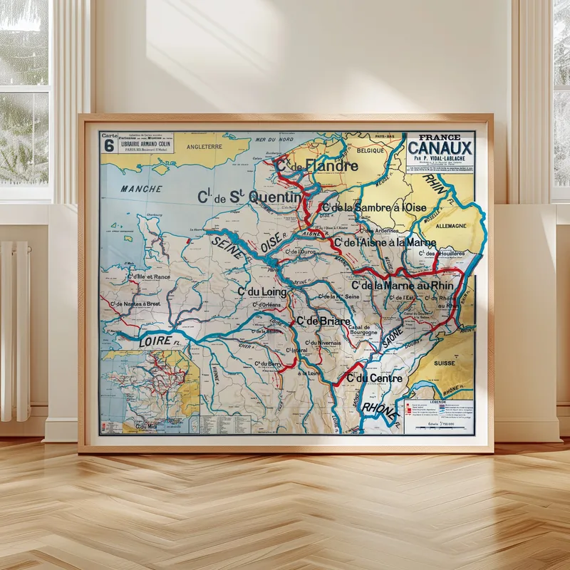 Carte Vidal-Lablache n° 6, France, canaux accrochée dans un intérieur, en situation